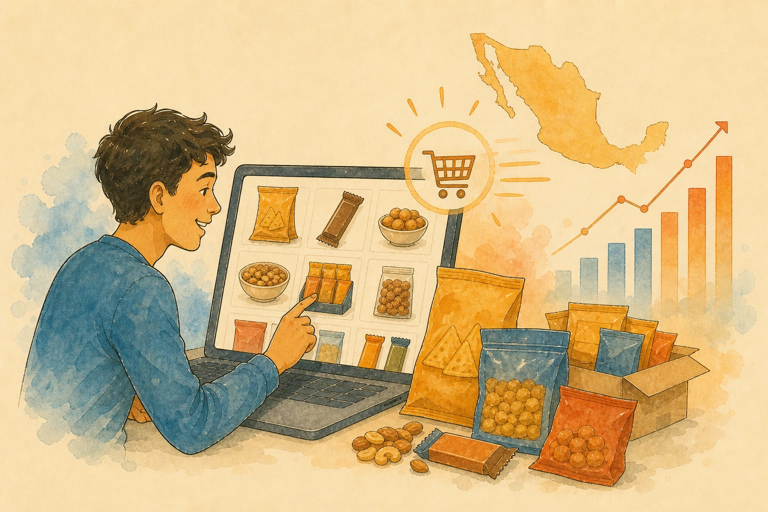 Ilustración de ecommerce y compra digital de botanas